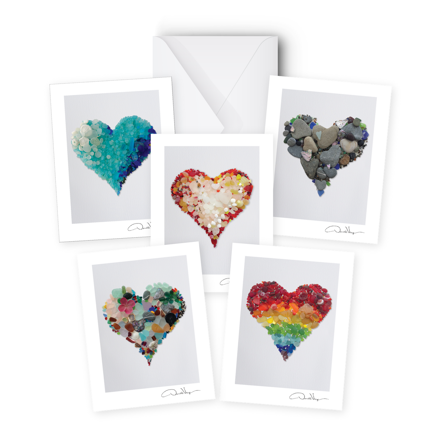 5 Seaglass Heart Note Card Collection